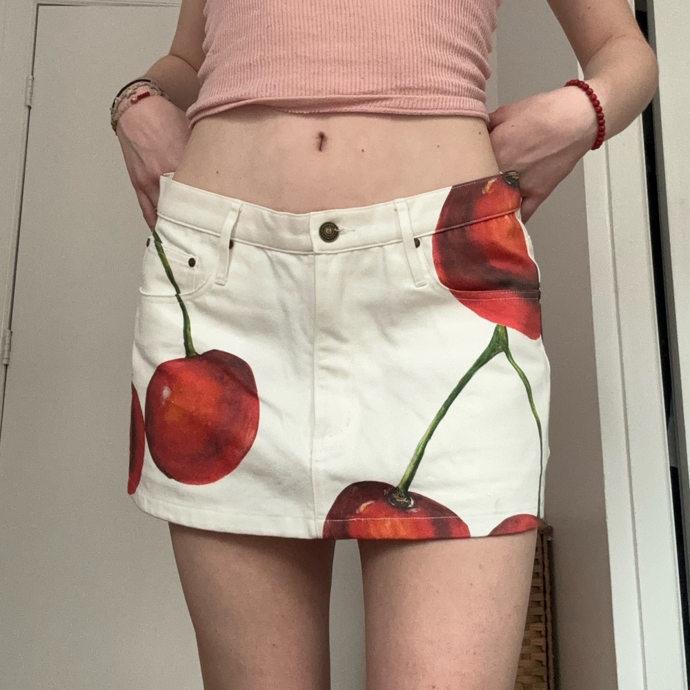 Cherry print white jean skirt